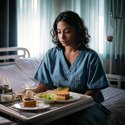 Une patiente dans son lit d'hôpital, devant un plateau de nourriture avec un air triste et n'ayant pas faim