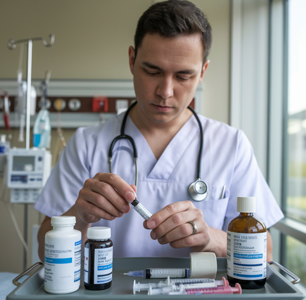 Un médecin effectuant des dosages de médication